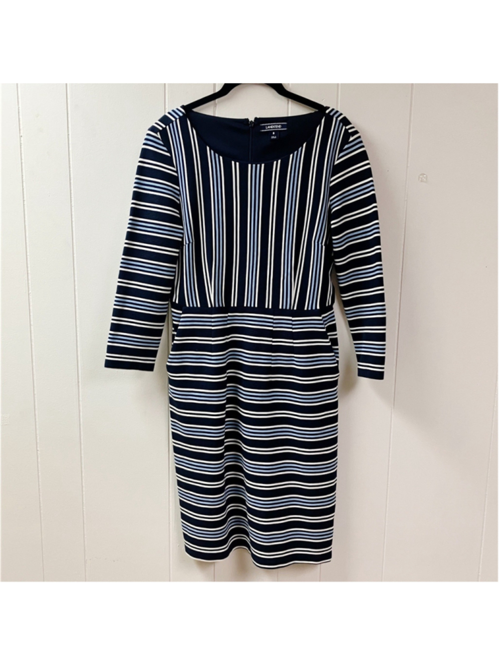 Lands’ End Womens Blue Striped Ponte Knit Dress SZ 8 Teacher Office Fall Layer